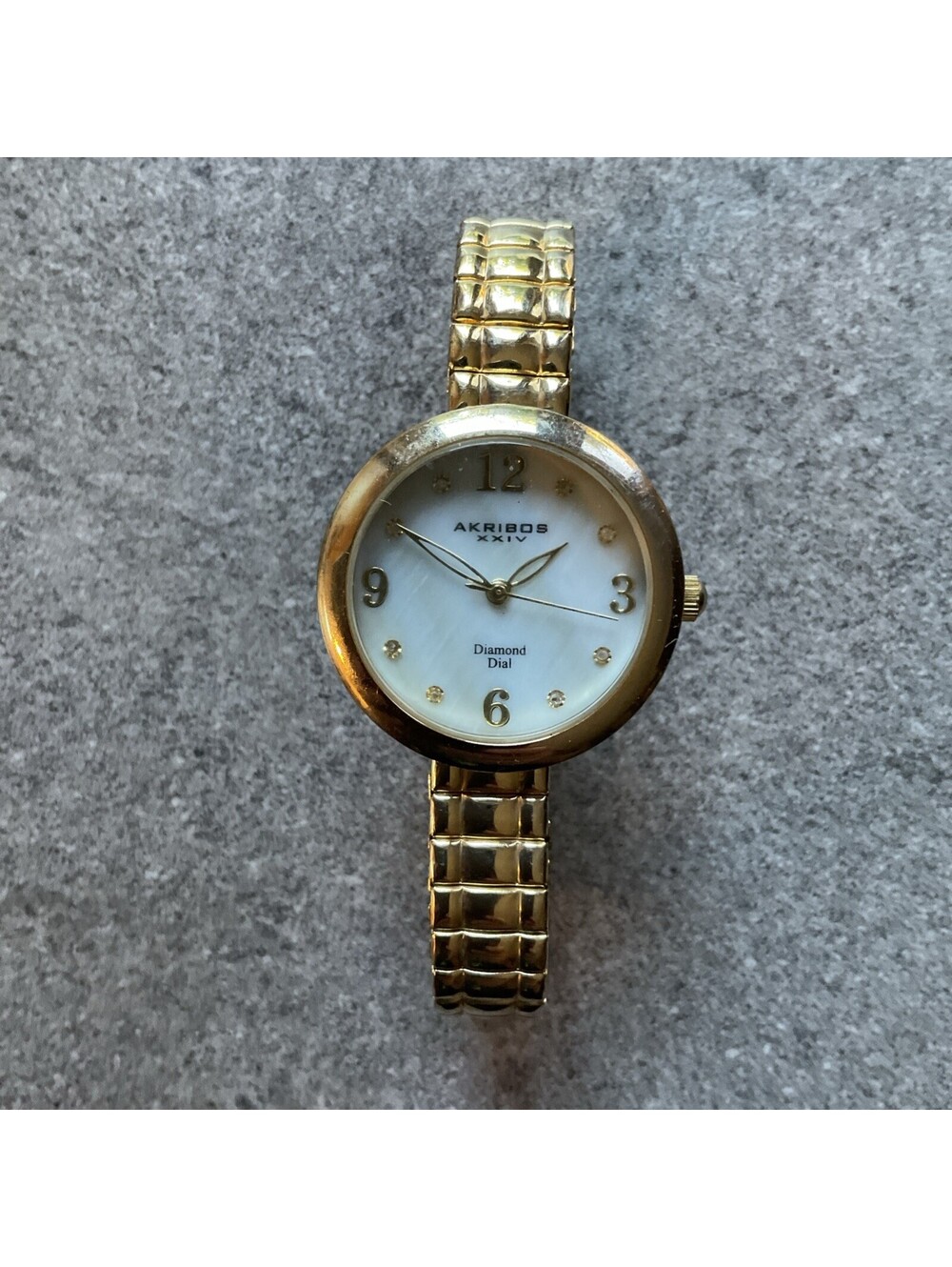 Womens Akribos XXIV Diamond Dial Quartz Gold Tone Watch New Battery AK765YG B-M